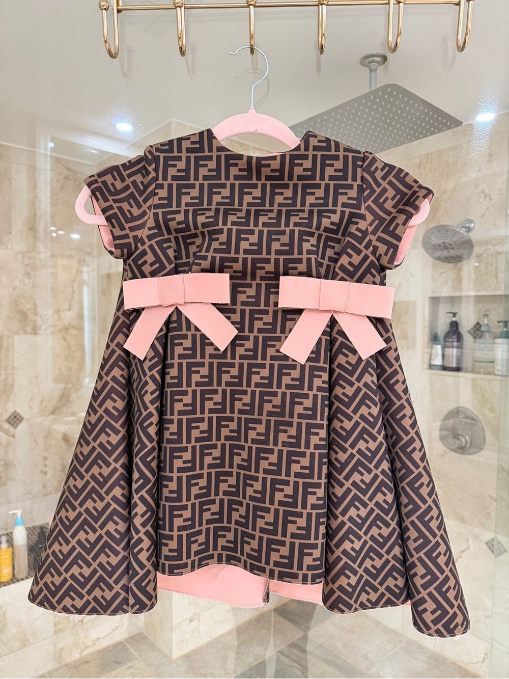 Fendi Brown and Pink FF Logo A-Line Dress with Bow Accents